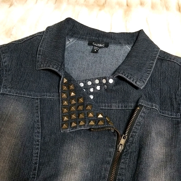 Cropped Dark Denim Jean Jacket w/ Studs Small - Picture 6 of 10